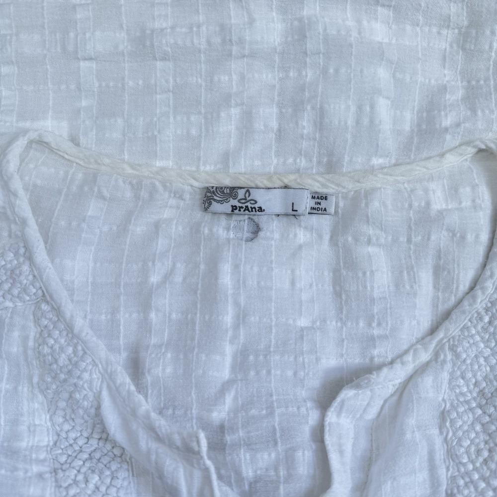 Prana Peasant Cottage Prairie Tunic Top L White Organic Cotton Button Breathable - Picture 7 of 7